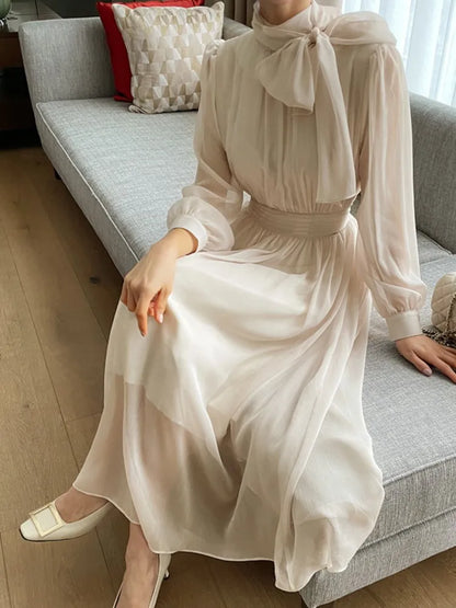 Midi Dresses for Long Sleeves Half High Collar Lace-up A-line Korean Autumn New One Piece Vestido Mujer