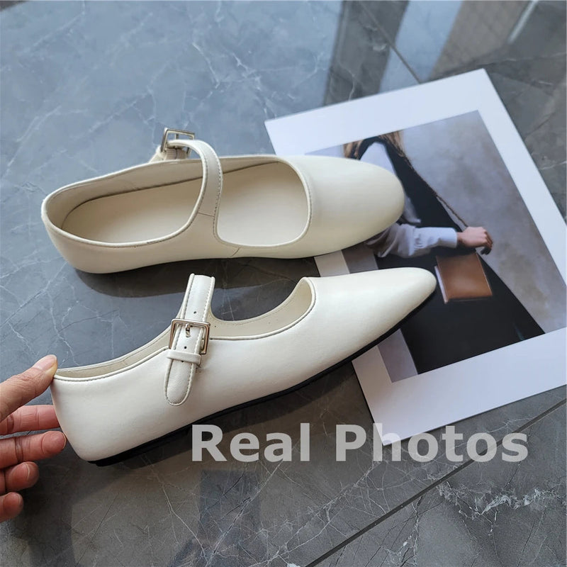 Brand Mary Jane Genuine Leather Flats Shoes Woman Buckles Flat Comfort Loafer Shoes Soft Leather Flats