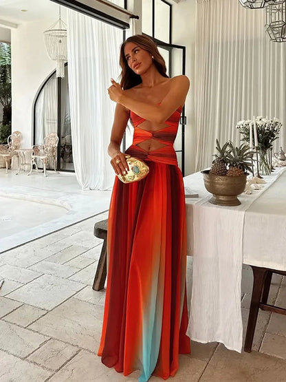 Gradient Hollow Pleated Maxi Dress