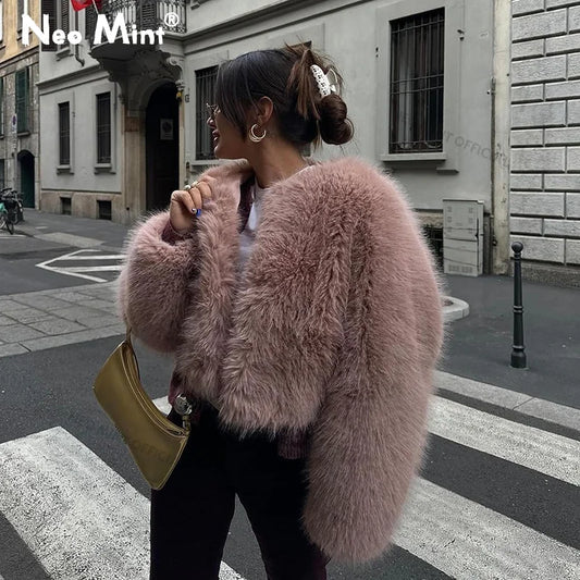 Brand Winter Sweet Pink Cropped Faux Fur Coat Ins Fluffy Fox Fur Jacket Female