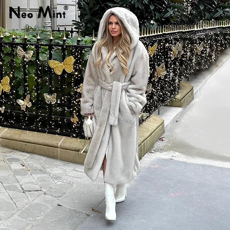 Belted Faux Mink Fur Coat Winter Beige Gradient Furry Fur Jacket Brand Hooded Warm Outerwear Overcoat
