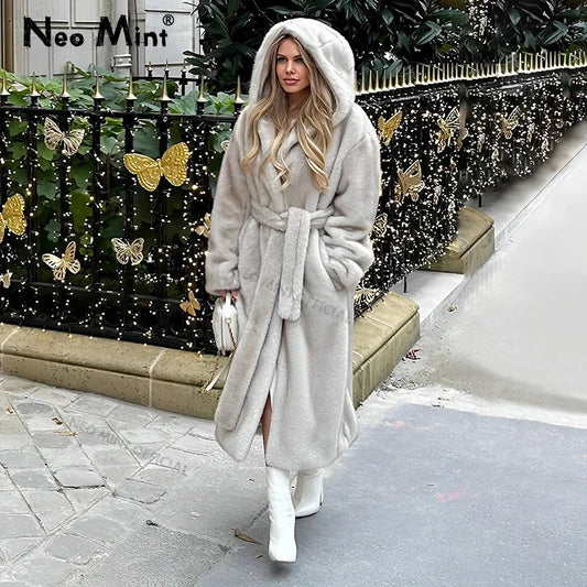 Belted Faux Mink Fur Coat Winter Beige Gradient Furry Fur Jacket Brand Hooded Warm Outerwear Overcoat