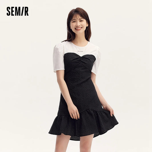 Color Block Little Black Dress and Commute Summer New Gentle Texture Playful Mermaid Hem Short Skirt