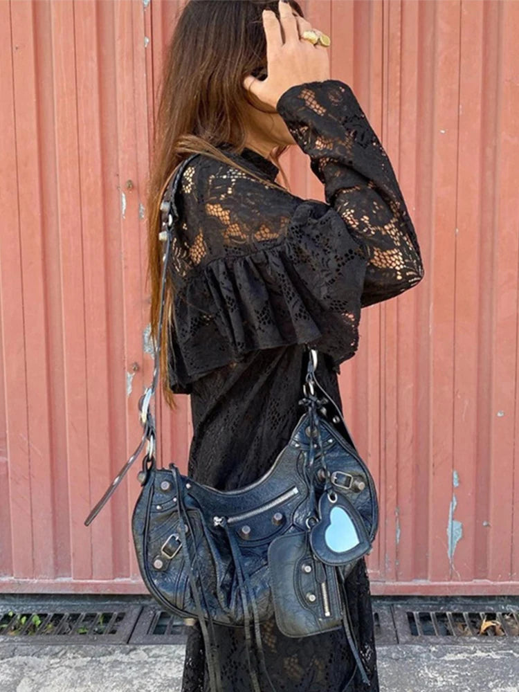 Lace Hollow Out A-lined Long Dresses Loose Perspective O-neck Black Dress Female Party Street