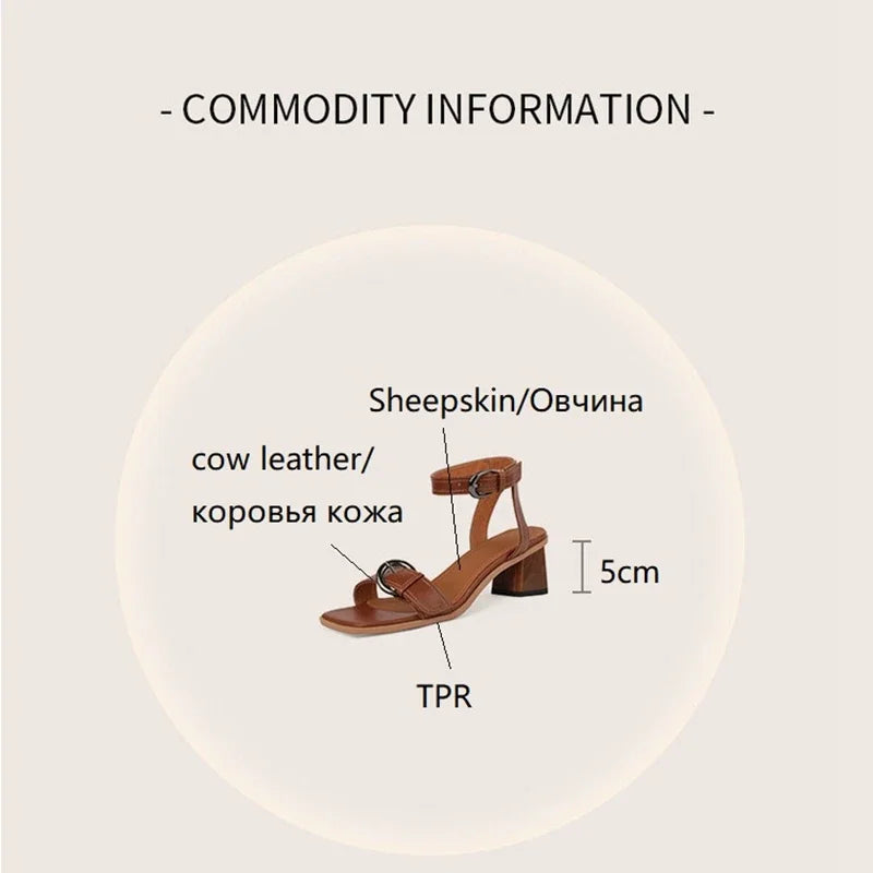 New Summer Shoes Square Toe Chunky Heel Sandals Cow Leather High Heels Band Shoes Black Shoes for