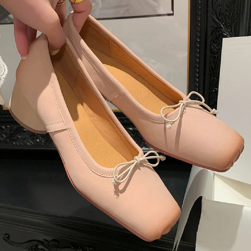 Genuine Leather 4.5cm Thick Med Heel Pleated Square Toe Slipon Pumps Sweet Bowtie Korean Style Female Heeled Shoes