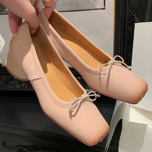 Genuine Leather 4.5cm Thick Med Heel Pleated Square Toe Slipon Pumps Sweet Bowtie Korean Style Female Heeled Shoes