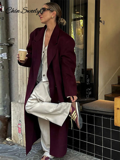 Burgundy Red Woolen Long Coat Oversized Shoulder Pads Full Sleeve Double Breasted Overcoats Autumn Lady
