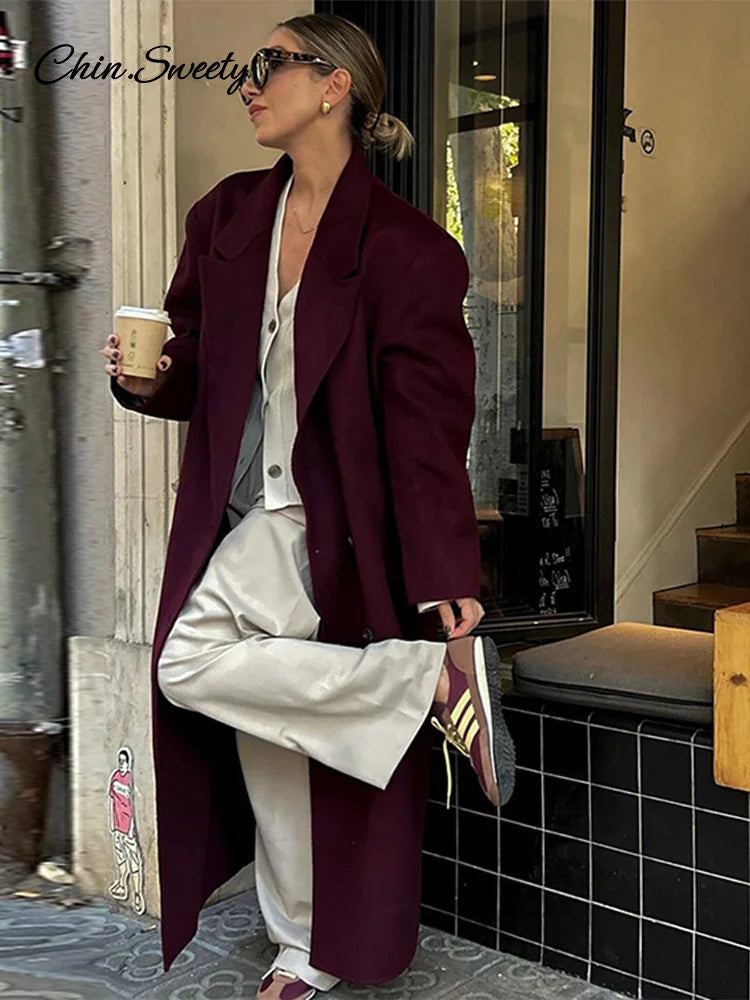 Burgundy Red Woolen Long Coat Oversized Shoulder Pads Full Sleeve Double Breasted Overcoats Autumn Lady