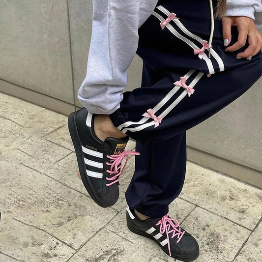 Side Striped Bow Drawstring Sweatpants High Waist Baggy Pants for Y2k