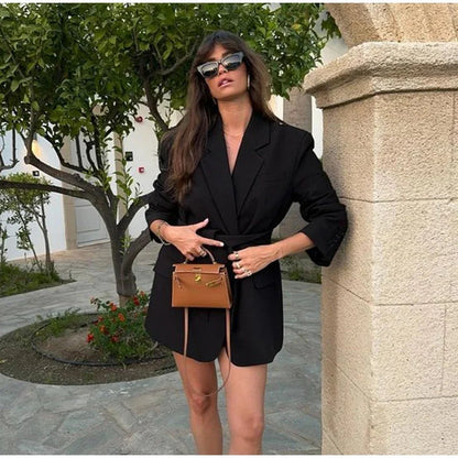 Loose Waist Cinching Belt Full Sleeve Jacket Female Tailored Coat Retro Lapel Suit Jackets