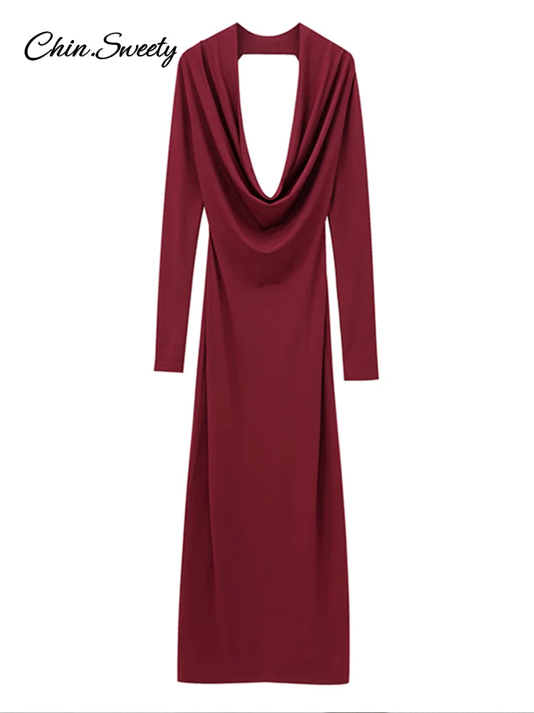 Hang Neck Burgundy Long Party Dress Halter Full Sleeve Maxi Dresses Autumn Lady Slim Hip Package Gowns New