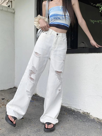 Basic White Ripped Jeans Jeans High Waisted Cowboy Pants Oversized Denim Trousers Y2k Hip Hop Clothes