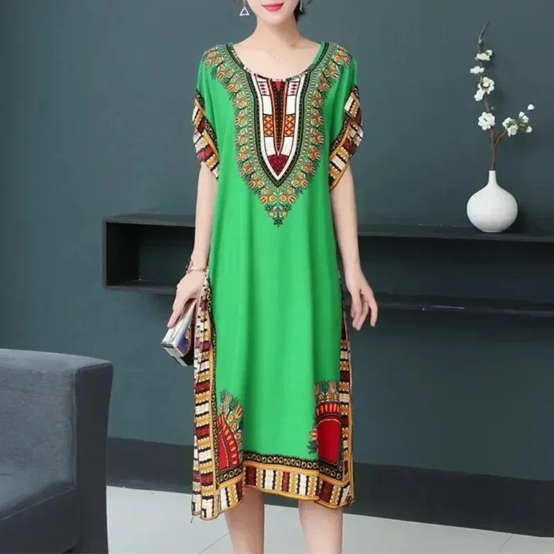 National Style Leisure Holiday Beach Printed Poker Indonesia O-neck Loose Midi Dress Pajamas Loungewear Woman