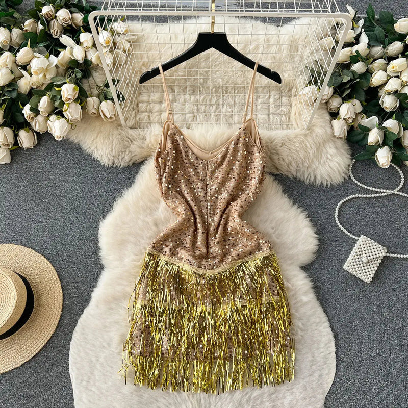 French High End Strap Glitter Camisole Dress Female Spicy Girl Slimming Tassel Splicing Sleeveless Aline Midi Dress for