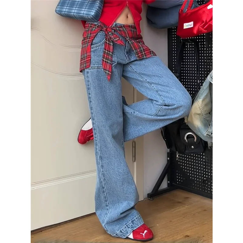 Taivimart - Y2k Blue Jeans for High Waist American Street Wide Leg Pants Hip Hop Straight Autumn Trousers
