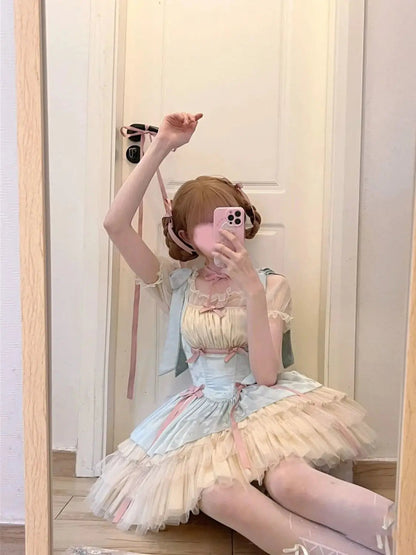 Little Ribbon Lolita Lace Sling Dress Sweet Sp Ballet Style Cake Princess Puffy Onepiece Dress Summer Pettiskirt