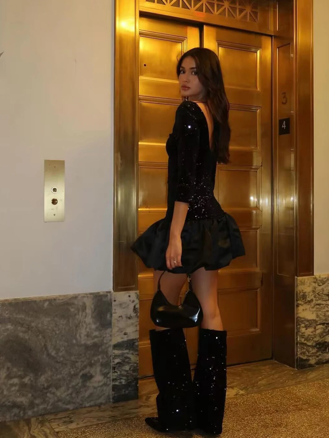 Sequined Patchwork Mini Dress Woman Backless Laceup Long Sleeve Oneck Short Vestidos Evening Party Dresses
