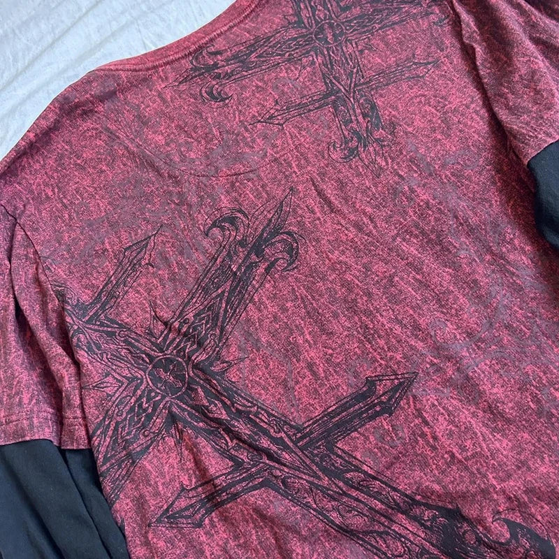 Y2k Grunge Emo T-shirt 2000s Cross Cyber Goth Patchwork Long Sleeve Tees E-girl Gothic Harajuku Loose Tops