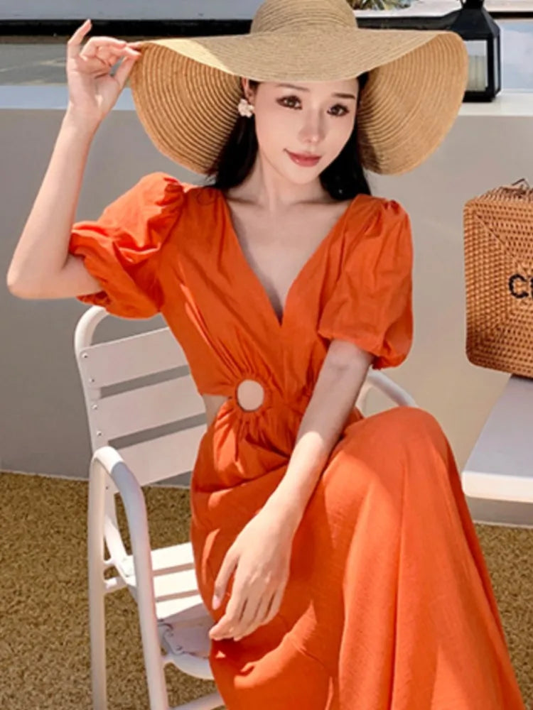 Orange V Neck Waist High Hollow Out Pleated Dress Summer Short Sleeves Long Dresses