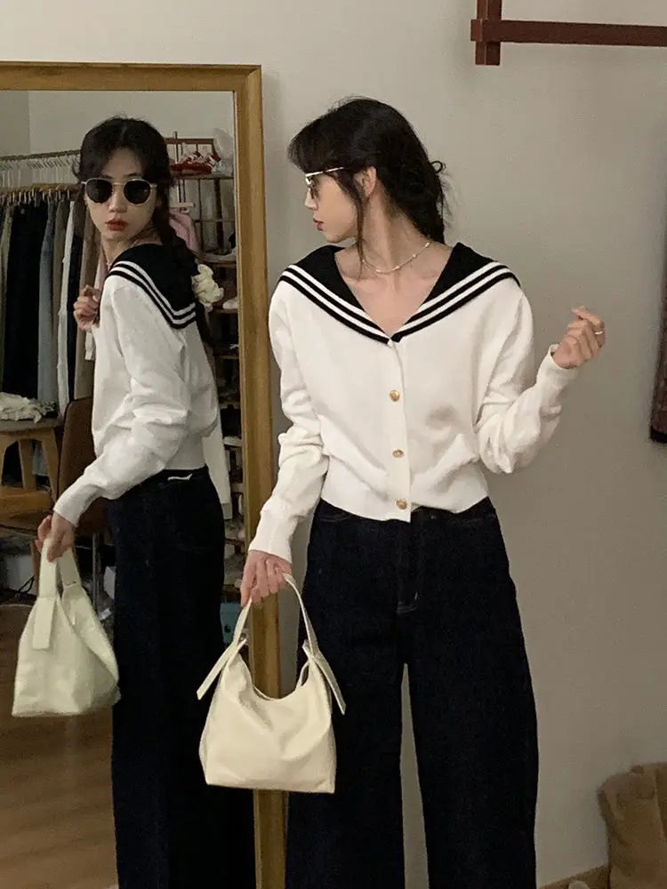 White Navy Collar Knitted Cardigan Age Reduction Clothing Autumn Thin Long Sleeve Sweater Korean Y2k Top