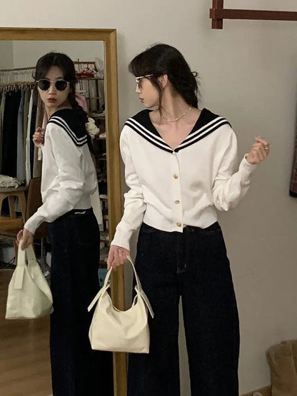 White Navy Collar Knitted Cardigan Age Reduction Clothing Autumn Thin Long Sleeve Sweater Korean Y2k Top