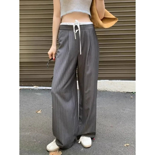 Korean Laceup Contrast Color Patchwork Pants Summer New High Waist Striped Loose All Match Straight Pants