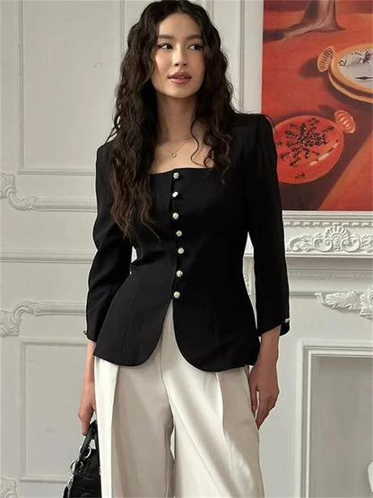 Autumn Square Collar Outwear Female Commute Cropped Long Sleeve Patchwork Cardigan Coat