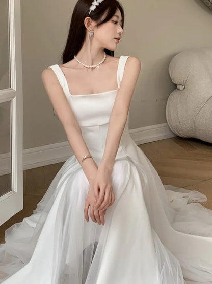 Summer Spring Fairy Dresses Mesh Patchwork Square Collar Sleeveless Evening Party Midi Dress Female Vestidos Robe