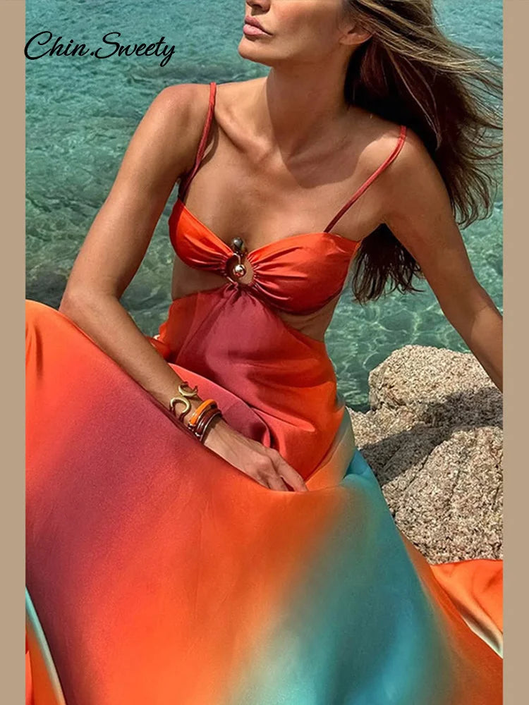 Slip Gradient Long Dress Satin Backless Cut Out Beach A-line Dresses Summer Lady Pleat Vacation Robes