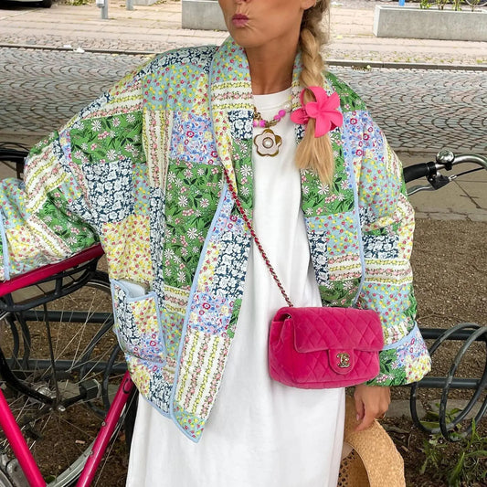Patchwork Print Jacket Coats for Autumn Winter Long Sleeve Cotton Warm Cardigan Coat Female Outwear