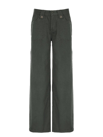 Sweetown Retro Green Low Rise Straight Jeans Woman Y2k Denim Trousers Pockets Cargo Jean Pants
