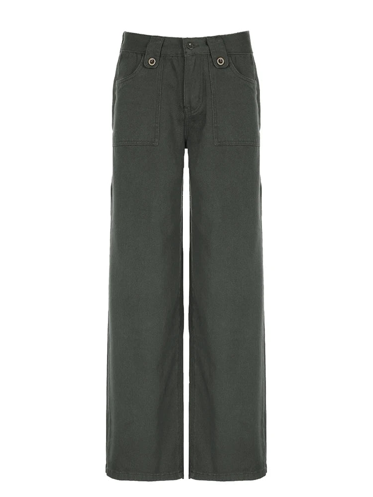 Sweetown Retro Green Low Rise Straight Jeans Woman Y2k Denim Trousers Pockets Cargo Jean Pants