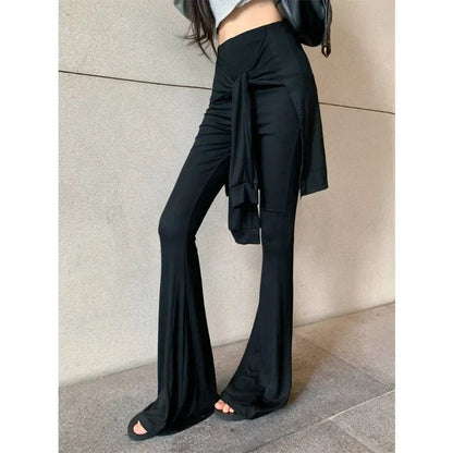 Autumn New Skew Collar Strapless Long Sleeve Tshirt + Pleated Laceup Slim Wide Leg Pants Twopiece Suit