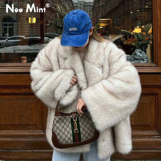 Winter Ins Hot Oversized Gradient Fur Coat Thick Warm Outerwear Fluffy Faux Fox Fur Jacket