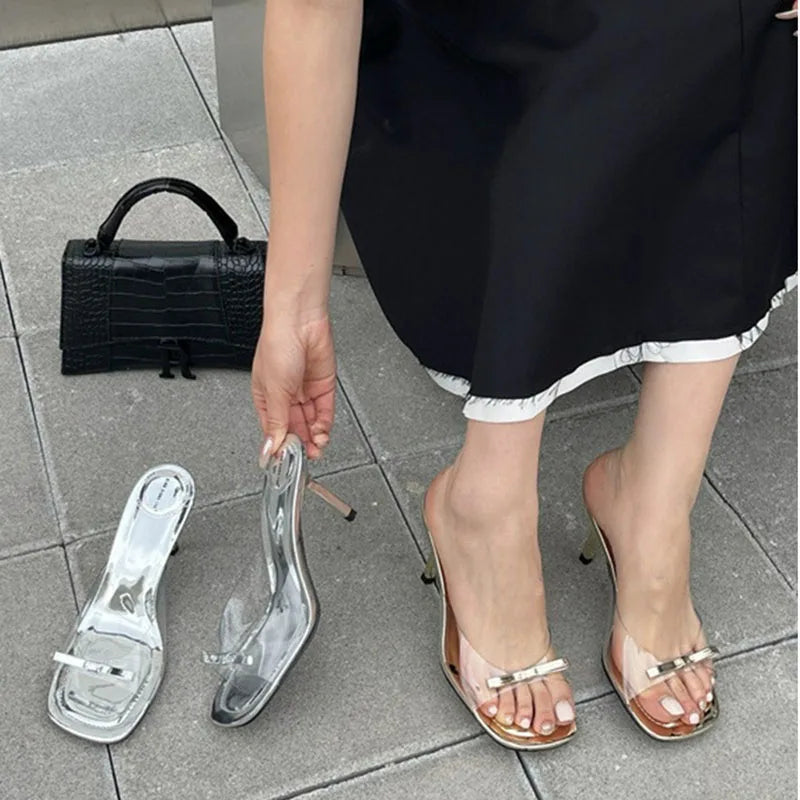 Opentoe Stiletto Patentleather Buckle Sandals French Style Highheeled Slippers Summer Outdoor Wear Shoes