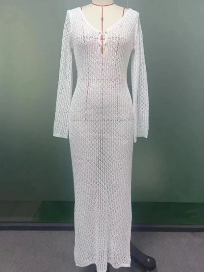 Crochet Beach Maxi Dress ’s Knitted Hollow Bikini Swimsuit Cover-up Sun Protection Dress See Through Slim Lady