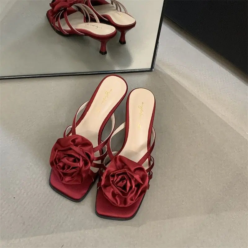 Red Rose Handmade Flower Sandal Heels Summer New Wedding Shoes Bride Shoes Design Pumps