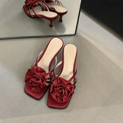Red Rose Handmade Flower Sandal Heels Summer New Wedding Shoes Bride Shoes Design Pumps