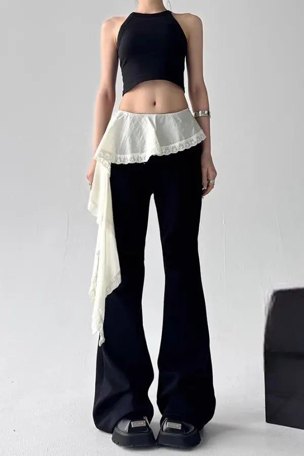 Lace Patchwork Lace Up Pants for 2205 New Slim Fit Fake Two Piece Flare Pants Y2k High Waist Black Straight Trousers