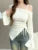 Sweet Drawstring Ribbon White Off Shoulder Top Basic Long Sleeve Body T-shirt Flare Sleeve Lady Tees