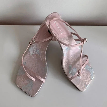 Original Designer Sandals Satin Design Heels Anklewrap Clip Toe Summer Sandals Dress Shoes