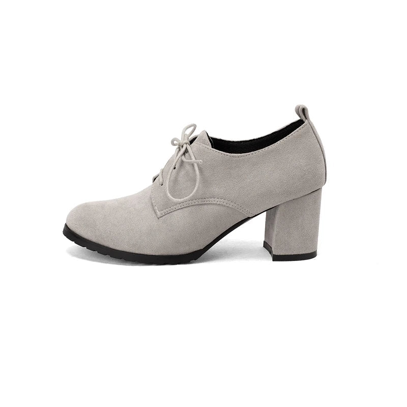 Spring New Retro Pumps Classics Flock Lace Up Office Round Toe Block High Heel Shoes Female Size 3343 Black Brown