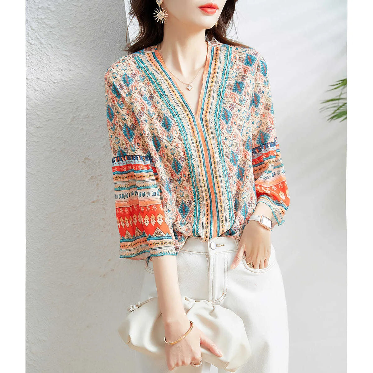 Woman Summer Style Chiffon Blouses Tops Lady Hafl Flare Sleeve V-neck Printed Blusas Tops Zz1326