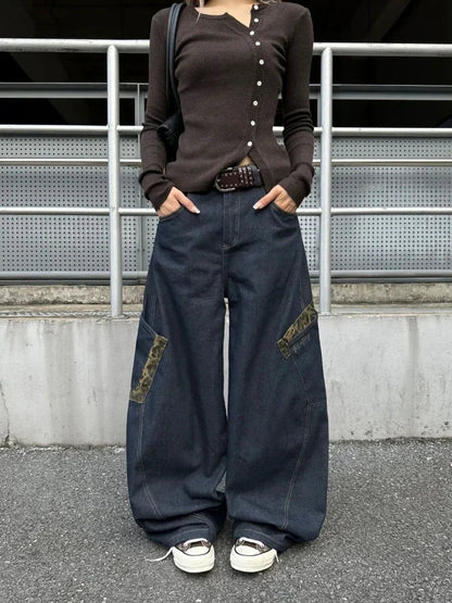 Retro Leopard Spliced Cargo Jeans Y2k Hip Hop Causal Baggy Pocket Korean Wide Leg Denim Pants Harajuku Slacks