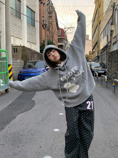 Kawaii Snowman Hooded Sweatshirt Gray Ribbed Hoodies Knitwear Korean Oversize Cutecore Winter Clothes