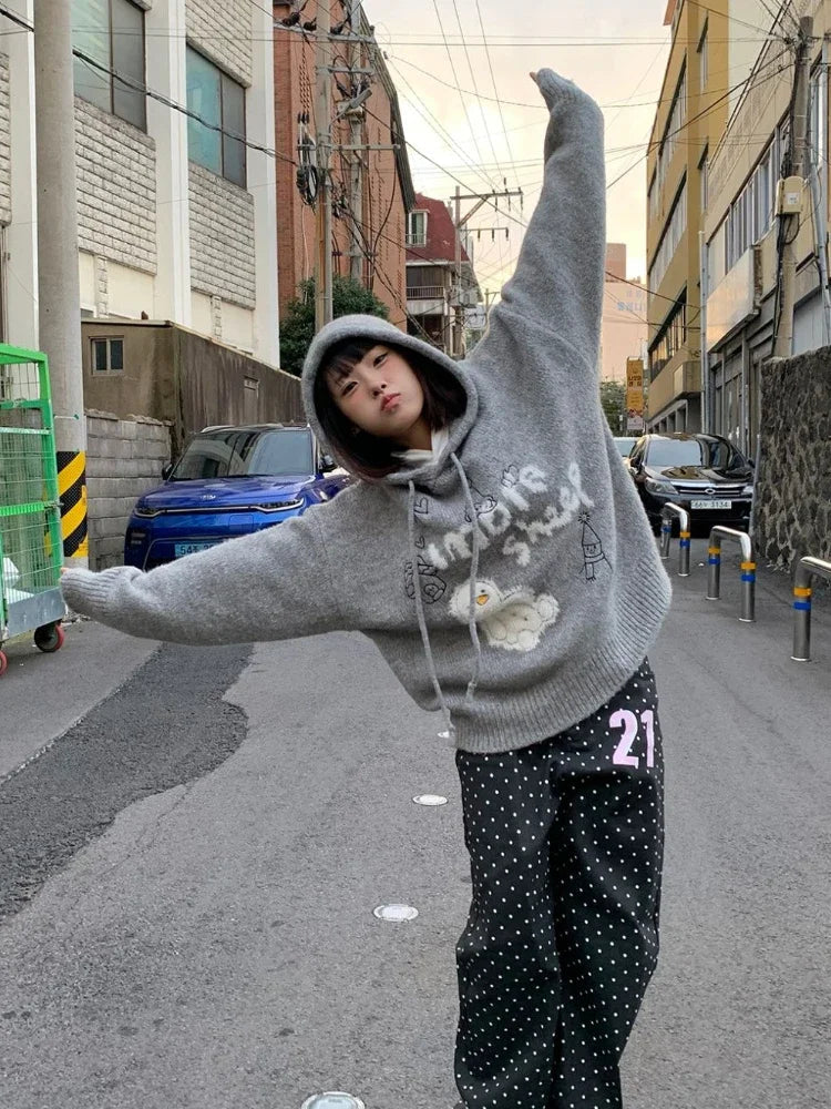 Kawaii Snowman Hooded Sweatshirt Gray Ribbed Hoodies Knitwear Korean Oversize Cutecore Winter Clothes