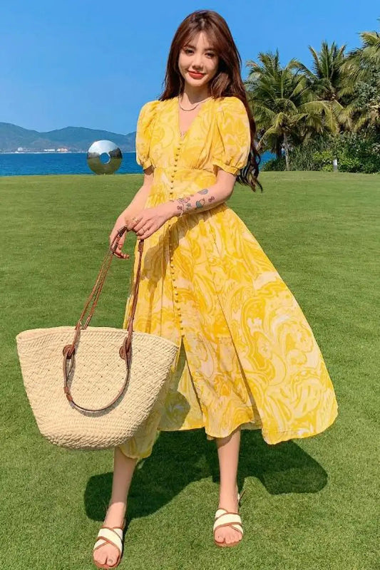 Summer Yellow Senior Sense Chiffon Vneck High Waist Thin Temperament Seaside Resort Long Dress