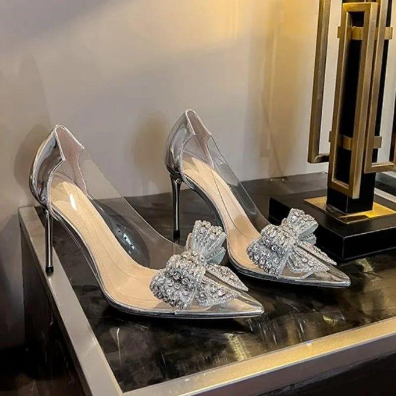 Pointed Crystal Fairy Wind Sandals Rhinestone Butterflyknot Transparent High Heel Pumps Dress Shoes