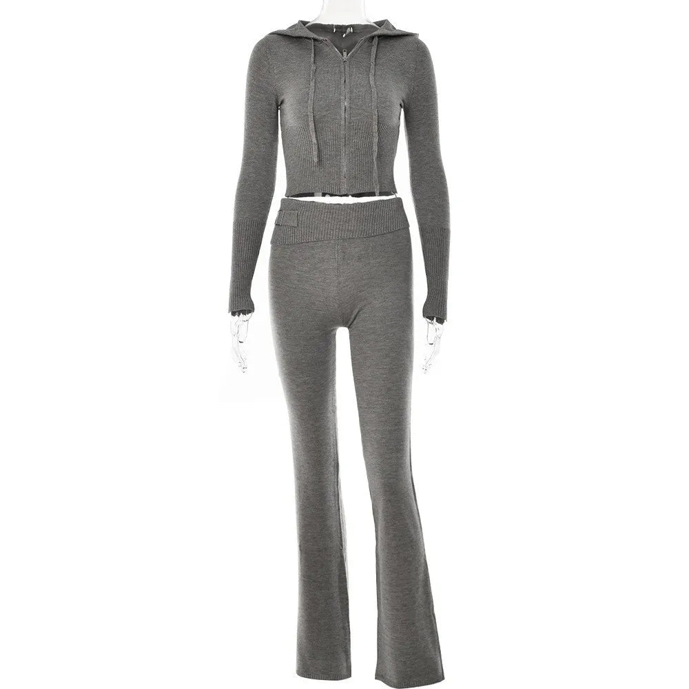 Knitted 2 Piece Sets Tracksuit Long Sleeve Zipper Hooded Sweater Crop Top Flare Pants Stretch Matching Suit Outfit